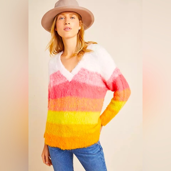 Anthropologie Alpaca Simone Striped Sweater Soft Top V-Neck Ombre Sunset Fur XS - Picture 4 of 10